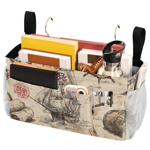 Bedside Caddy Metal Frame Hanging Organizer Bunk Bed Dorm Accessories Hook And Loop Storage Bag Large Pockets Beige Anchor Sail Pirate - color: Beige Anchor Sail Pirate