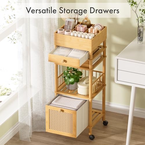 Amazer Bamboo Makeup Organizer Cart with 3 Drawers, Floor Skin Care Storage for Bathroom Bedroom, Rolling Vanity Organizer Cart for Cosmetic, Nail Polish, Perfume and Hair Tools - color: Natural Color