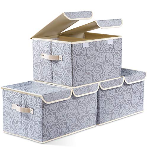 PRANDOM Large Foldable Storage Bins with Lids Fabric Decorative Storage Box Cubes Organizer Containers Baskets with Cover Handles Removable Divider for Home Bedroom Closet 17.3x11.8x9.8 Inch 3 Pack - color: Gray, size: Double Lid/3pcs