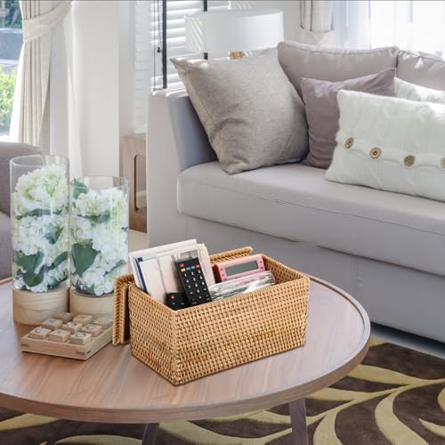 Hipiwe Rattan Basket Box Wicker Storage Bins with Lid Handwoven Wicker Basket Box Lidded Decorative Baskets Rectangular Baskets Bin for Shelf Organizing Home Decor, 11.8"Lx6.2"Wx6.1"H - size: 11.8"L x 6.2"W x 6.1"H, without Handle