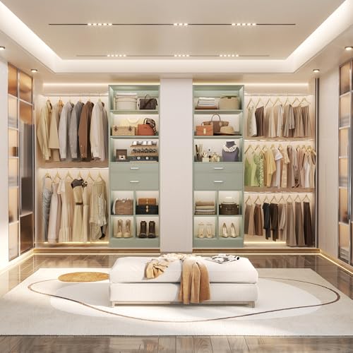Besiost Closet System, 4-8 FT Closet Organizer Tower with 2 Wooden Drawers and Shelves, Can Fit 60 to 96 inch Walk-in Closet System with 5 Hang Rods, Built-in, Crab Green - color: Crab Green