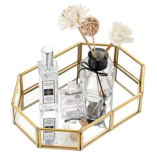 Hipiwe Mirror Glass Vanity Tray - Gold Ornate Makeup Tray Vintage Octagonal Perfume Tray Dresser Trays Jewelry Trinket Organizer for Bathroom Storage Trays for Home Decor - size: 8" x 5.7" x 1.8"
