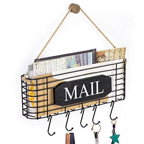 SRIWATANA Rustic Mail Key Holder, Mail Organizer Wall Mount with 5 Hooks Large, Black - color: Black, size: Large