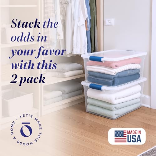 HOMZ 2-Pack Latching Lid, Large Clear Plastic Storage Bins with Lids, 66 Quart, Blue Latch - Stackable Container Boxes for Home, Bathroom, and Office Organization - color: Blue, size: 66 QT (2 Pack)