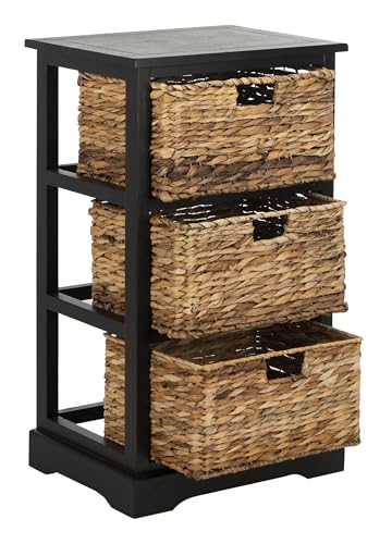 SAFAVIEH Home Collection – Halle Distressed Black Storage Side Table with Wicker Baskets, Farmhouse Accent Storage, Fully Assembled (AMH5738A) - color: Distressed Black