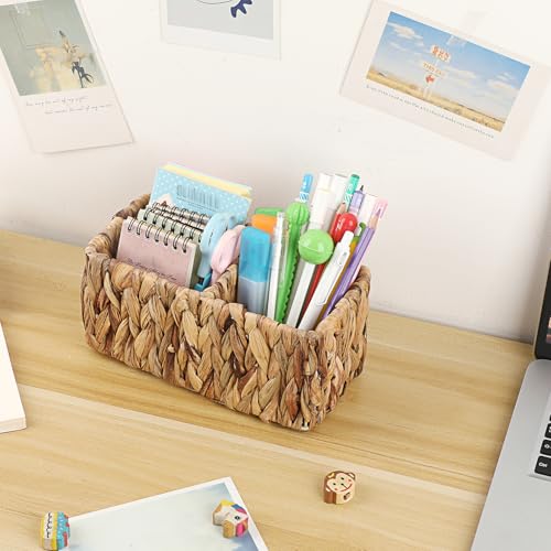 BTSKY Handwoven Remote Control Holder for Table, Natural Water Hyacinth Remote Organizer Caddy Small Wicker Storage Basket, 2-Compartment Office Supplies Desk Organizer Rustic Makeup Brushes Holder - size: 2-Slot