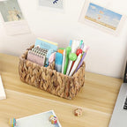 BTSKY Handwoven Remote Control Holder for Table, Natural Water Hyacinth Remote Organizer Caddy Small Wicker Storage Basket, 2-Compartment Office Supplies Desk Organizer Rustic Makeup Brushes Holder - size: 2-Slot