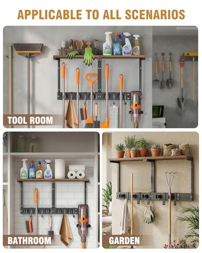 Supforce Broom Holder Wall Mount with Top Wooden Shelf, Heavy Duty Metal Cleaning Supplies Broom Hanger with Vacuum Organizer and 5 Slots & 5 Hooks for Laundry Garage Tool Storage Kitchen (Large) - size: Large
