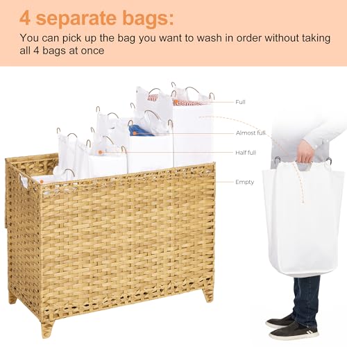 Laundry Hamper with 4 Removable Liner Bags; 176L Handwoven Rattan Laundry Basket with Lid & Heightened Feet; Clothes Hamper with Side Handles - color: Natural, size: 176L-4 Section