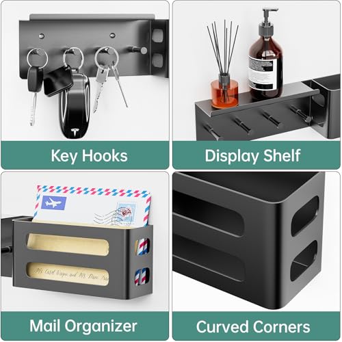 Key and Mail Holder for Wall, Key Hooks Rack Hanger Organizer Wall Mount with Small Shelf, Metal Entryway Living Room Storage Decor for Coat Purse Bag Wallet Dog Leash, White - color: Black