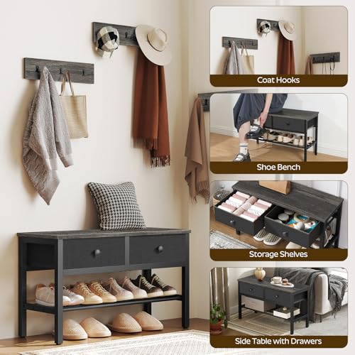 YATINEY Hall Tree with Bench and Shoe Storage, Entryway Bench with Coat Rack, 4-in-1 Coat Rack Shoe Bench, Multifunctional, for Front Door, Hallway, Foyer, Charcoal Grey and Black MT05BC - color: Charcoal Grey + Black