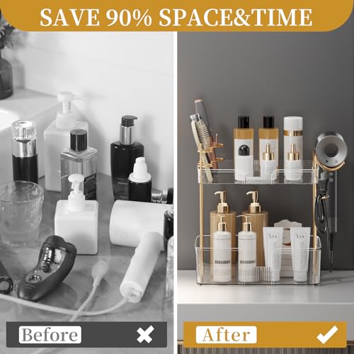Bathroom Counter Organizer for Vanity, Makeup Organizer Countertop with Holder, Large Capacity Storage Rack, Perfect Large Skincare, Hair Care, Perfume, Easy to Install (Clear, 2Tiers) - color: Clear, size: 2 Tiers