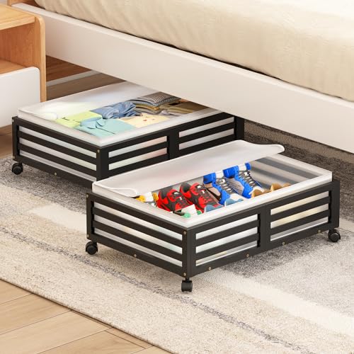 Under Bed Storage Containers With Wheels - 2 Pcs Bamboo Wood Rolling Underbed Shoe Storage Bins With Dust Bags for Clothes Blankets, Duvet Covers Snacks Toys (Black) - color: Black, size: M
