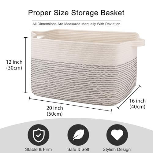 OIAHOMY Large Blanket Basket, 65L Cotton Rope Woven Laundry Basket, Toy Bin for Baby Room, Container for Blanket Storage in Living Room, 20''×16''×12'', Black & White - color: Black & White, size: 65L