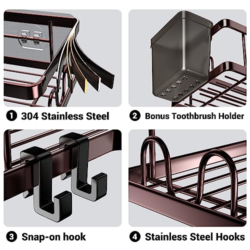 AKTECKE Shower Caddy Corner Organizer: 2Pack Adhesive Shower Shelf Essentials - No Drilling Stainless Steel Bathroom Storage Rack with Hooks and Toothpaste Holder - Shower Accessories - color: bronze, size: 9.6"×9.6"×2.6"