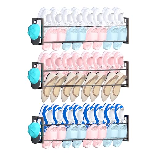3 Pack Wall Mounted Shoe Rack for Narrow Spaces, Hanging Shoe Rack Holds 24 Pairs, 17"-30"Adjustable Heavy Duty Wall Shoe Storage with 6 Storage Hooks, Space Saving for Closet Entryway Door, Black - color: Black, size: 3 Pack