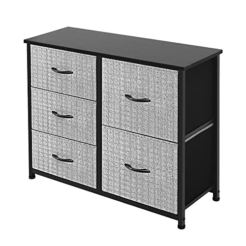 Storage Dresser Furniture Unit-Large Standing Organizer Chest for Bedroom, Office, Living Room, and Closet-5 Drawer Removable Fabric Bins, Grey with Black