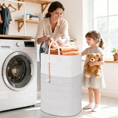 Woven Laundry Basket for Clothes, 50 L Large Rectangle Laundry Hampers with Beads Tassel, Nursery Storage Basket for Toys, Tall Dirty Clothes Hamper for Bedroom Aesthetic, Laundry Room Organization - color: White, size: 50L