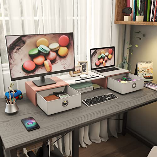 WESTREE Dual Monitor Stand Riser with Two Drawers, Extra Large Storage Monitor Stand for 2 Monitors, Desktop Oraganizer Stand for Computer,Laptop,Screen,Printer,TV - color: Pink