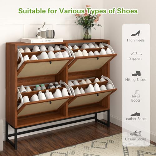 Shoe Cabinet, Shoe Storage Cabinet with 4 Flip Drawers, Freestanding Shoe Organizer Shoe Rack for Entryway, Hallway, Living Room (Walnut - 8 Tiers) - color: Walnut - 8 Tiers
