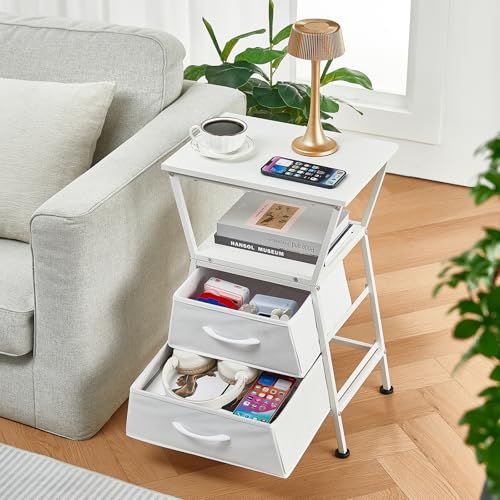 Side Tables for Bedroom Nightstand with 2 Cloth Drawer Bedside Table with Storage End Tables Living Room Sofa Couch - color: White