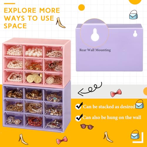 Wenqik 2 Pcs Mini Storage Drawers Teacher Toolbox Organizer with 9 Clear Drawers Small Plastic Desktop Teacher Desk Craft Organizer for Classroom Office 7" x 3. 9" x 4. 7" (Purple, Pink) - color: Purple, Pink