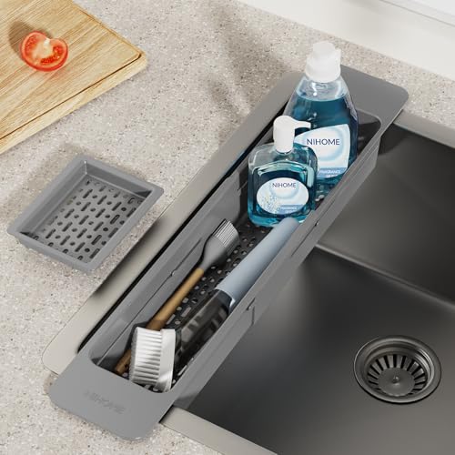 NiHome Extendable Sink Kitchen Organizer, Extra Long Telescopic Brush Storage Rack for Sponge, Non-Slip Pads Expandable Sink Caddy, Adjustable Brush Rack with Drainage Durable ABS (Dark Gray) - color: Dark Gray, size: Extra Long