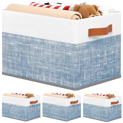 Fab totes Collapsible Storage Baskets for Shelves,14"x10", 4 Pack Foldable Fabric Storage Bins with Double Leather Handles, Large Baskets for Organizing Books, Clothes, White & Blue - color: Blue, size: 4pack