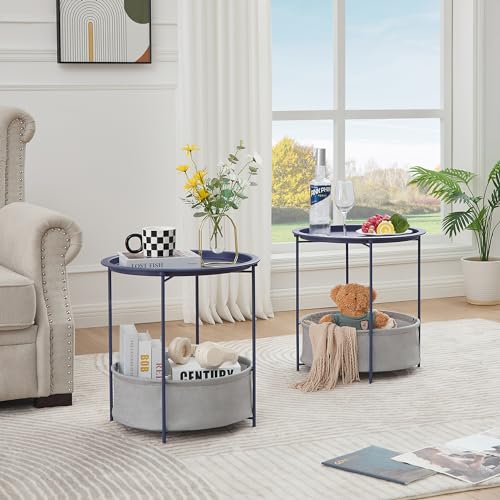 VECELO Round Side/End Table with Fabric Storage Basket，Metal Anti-Rust and Waterproof Small Bedside Nightstand with Removable Tray Top for Living Room，Balcony & Laundry，Blue /2pcs with Basket - color: Blue, size: 2 PCS with Basket