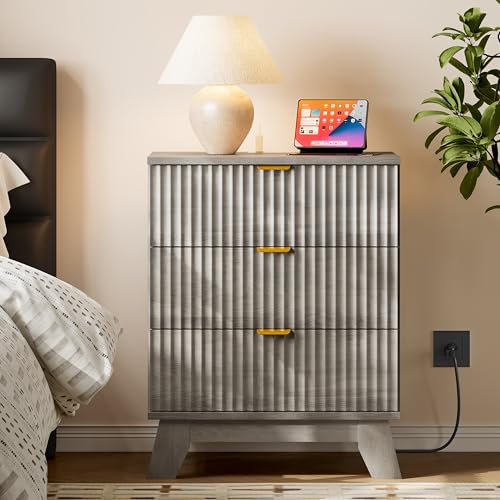 BORNOON 30.5" Nightstand with Charging Station, 3-Drawer Fluted Bedroom Chest, Wood Bedside Dresser with Power Outlets and USB Ports, Metal Slides, Stable Base, Modern Storage Cabinet for Small Spaces - color: Rustic Drift, size: 3-Drawer with Strip