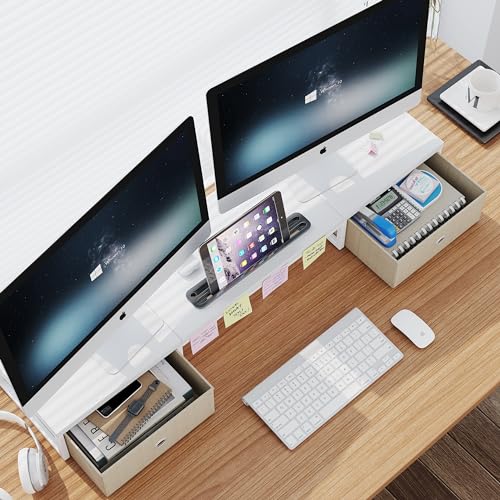 39 Inch Dual Monitor Stand Riser with 2 Drawers - Large White Wooden Computer Stand for 2 Monitors, Ergonomic Desk Organizer with Phone Holder, Desktop Storage for Laptop, Office Supplies, Home Office - color: White