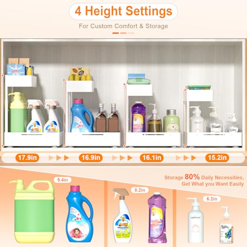 YJHome 2 Pack Expandable Under Sink Organizer, 2 Tier Pull Out Cabinet Organizer with Smooth Ball Bearing Slides, Adjustable Height Cabinet Storage Shelves for Kitchen, Bathroom, Laundry, Pantry - size: 2 Pack 9.8“-15"W