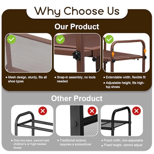 Expandable Shoe Rack for Closet - Shoe Organizer for Entryway, Adjustable Metal Shoe Storage, Stackable Long Shoe Stand Holder for Garage, Hallway, Door Entrance (Brown, 2 Tier) - color: Brown, size: 2 Tier