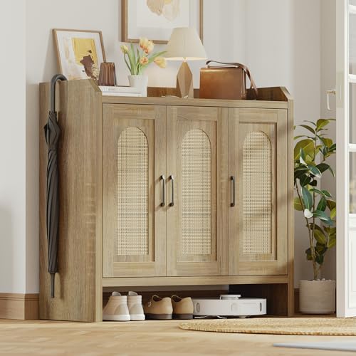 Mericonia Rattan Shoe Storage Cabinet, Farmhouse Shoe Cabinets Storage for Entryway, Boho Wooden Shoe Rack with 3 Doors for Entryway, Hallway (Natural, 3 Door) - color: Natural, size: 3 Door
