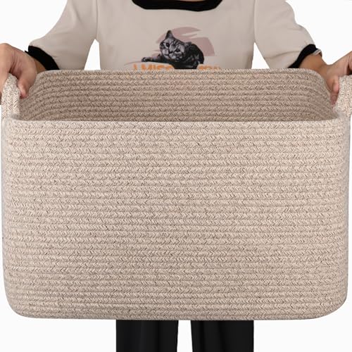 65L Cotton Rope Large Blanket Basket (19.7"x15.7"x11.8") for Living Room, Kids Room & Laundry, Storage Basket with Handle for Organizing Blankets, Pillows, Clothes & Toys, Brown - color: Brown, size: 19.7"x15.7"x11.8"