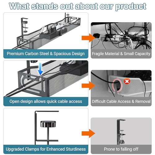 No Drill Under Desk Cable Management Tray, SONATURE 25.3" Cord Organizer for Table, Clamp Mount Desk Cable Management, Premium Carbon Steel Cable Organizer for Office, Home (Black) - color: Black, size: 25.3 inchs