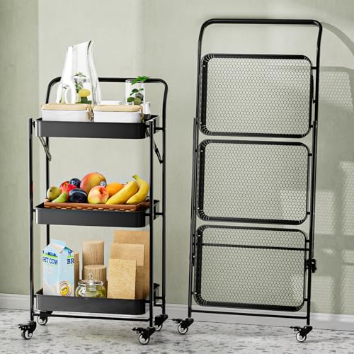 JAQ No Assembly Foldable Rolling Cart, 3 Tier Black Metal Folding Utility Cart with Handle, Heavy Duty Mobile Storage Organizer on Wheels for Office, Garage, Tools & Kitchen (Black) - color: Black/3-tier, size: No Assembly