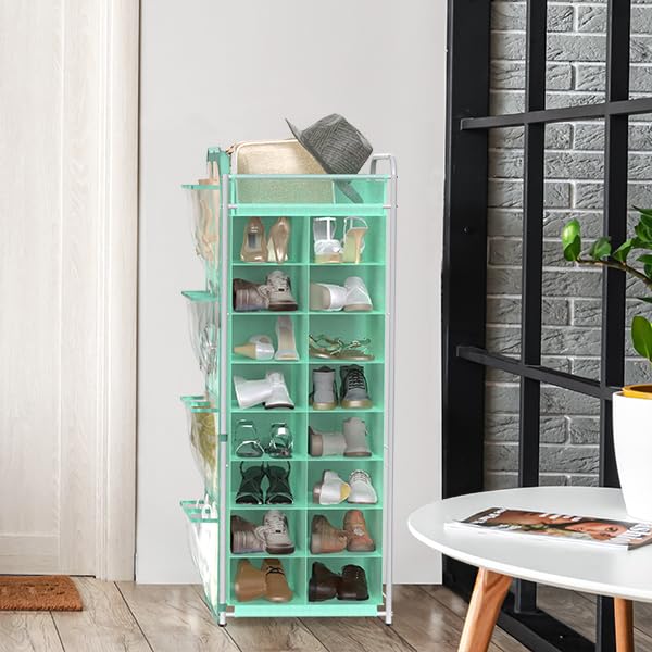 Simple Houseware 16 Cube Shoe Stand Tower Rack 8 Tier with Top Shelf and Side Hanging Pockets, Turquoise - color: Turquoise