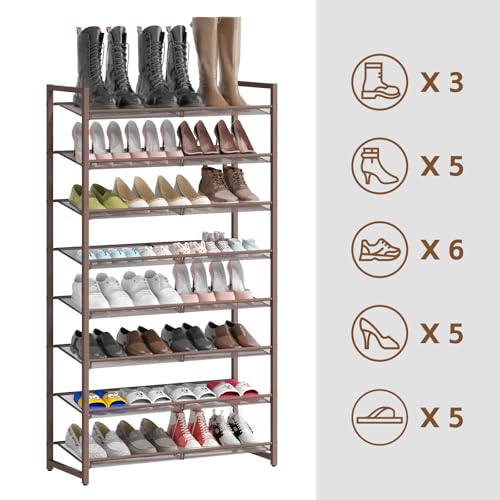 8Tier Metal Tall Shoe Rack,Large Shoe Rack for Closet,entryway,Garage, with Adjustable Flat or Angled Shelves, Hold 32-40 Pairs Shoes ﻿ - color: Bronze, size: 8Tier