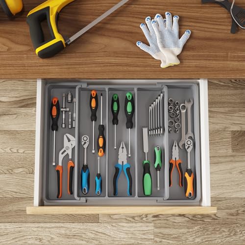 Lifewit Utensil Organizer for Kitchen Drawers, Expandable Cooking Utensil Tray, Adjustable Cutlery Silverware Flatware Holder, Plastic Spatula Tools Storage Divider, 11-18 x 14", Gray - color: Gray, size: Medium(11-18''W x 14''D)