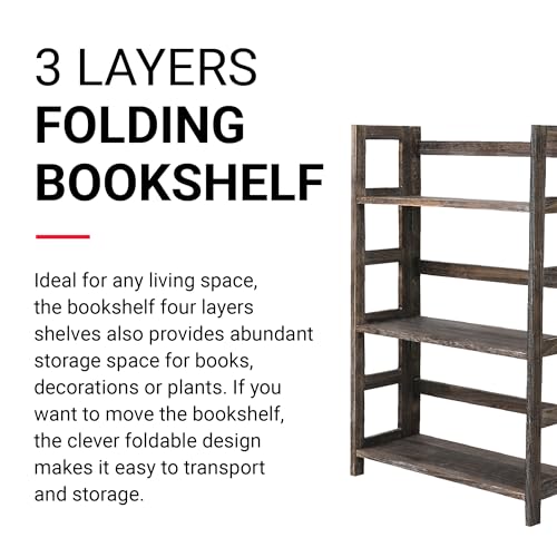 Proman Products - Hickory Bookshelf, Folding Bookshelf, Wooden Storage Shelves (3 Tiers, Rustic Brown) - size: 3 Tiers