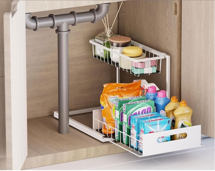 INNOVATIVE LIFE Under Sink Organizer, 1 Pack 2 Tier Under Sink Organizers and Storage, Slide Out Pull Out Cabinet Organizer Shelf, Metal Sliding Drawer for Kitchen， Bathroom，White - size: White (1 Pack)