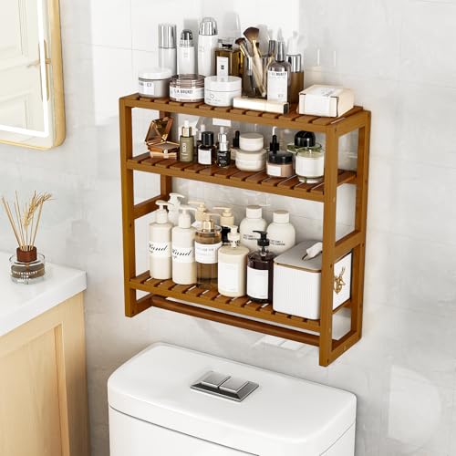 Galood Over The Toilet Storage Bathroom Shelves Wall Mounted 3 Tier Space Saver Corner Shelf Organizer Bamboo Towel Rack Toilet Paper Cabinet with Hanging Rod Brown - color: Brown 1pack, size: Standard