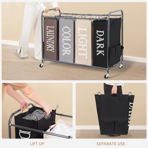 STORAGE MANIAC Laundry Sorter 4 Section, 47.8 Gal (181 L) Laundry Hamper with Wheels, Clothes Divider Basket Sorter, Clothes Separator Hamper Cart with Wheels and Removable Bags, Multicolored - color: Multicolored, size: 4 Section