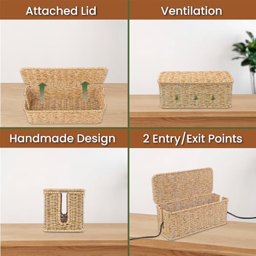 Cable Management Box, Handmade Rattan Cable Organizer with 2 Open Slots, Cord Hider for Power Strip, Router & USB Hub, Registered U.S. Design Patent (D1,112,102), 13" x 5.1" x 5.1", Natural - color: Natural, style: Rectangle
