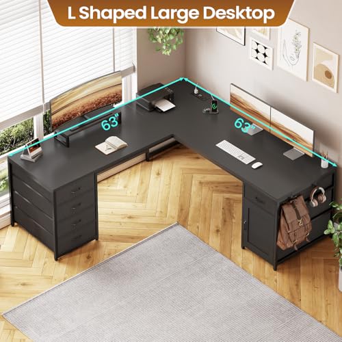 SEDETA L Shaped Desk, 63'' Corner Desk with 5 Drawer & Power Outlet, Larger Home Office Desk or Gaming Desk, L Shaped Corner Desk with Monitor Shelf, Storage Cabinet, Black - color: Black