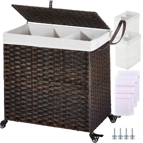 GREENSTELL Laundry Hamper with Wheels&Lid, 130L Large 3 Sections Clothes Hamper with 2 Types Removable Liner Bags, 5 Mesh Laundry Bags, Handwoven Divided Laundry Basket Brown - color: Brown, size: 130L: 25.6x13.0x25.7 Inches