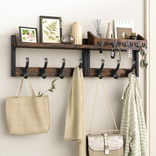 Evermagin 29" Coat Rack Wall Mount with Shelf, 4 in 1 Coat and Key Hanger with 11 Metal Hooks, Entryway Wall Mounted Shelf with Mail Holder for Living Room, Bedroom, Rustic Brown - color: Rustic Brown, size: 29 inch
