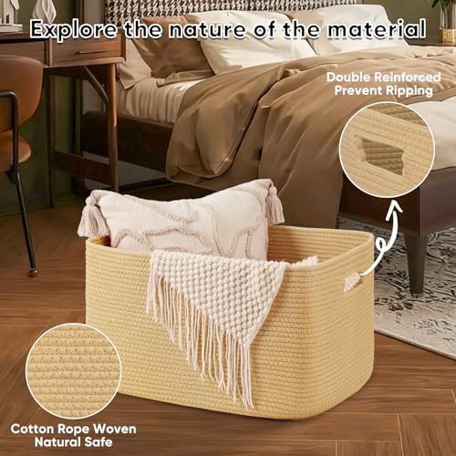 OIAHOMY 75L Large Blanket Basket, Woven Cotton Rope Baskets for Organizing 22”x17”x12”, Blanket Basket living Room, Toy Storage Bins for Nursery, Yellow - color: Yellow, size: 22”x17”x12”