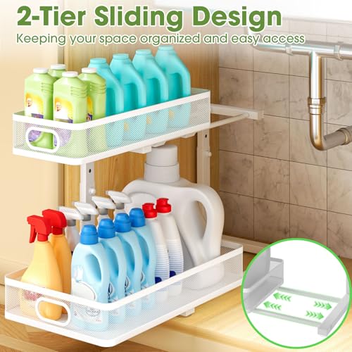 Under Sink Organizer 4-Pack, Metal 2-Tier Pull-Out Cabinet Shelf with Slide-Out Mesh Drawers, Height Adjustable, Space-Saving Storage Racks for Kitchen, Bathroom, Laundry Room, White - color: White-4 Pack